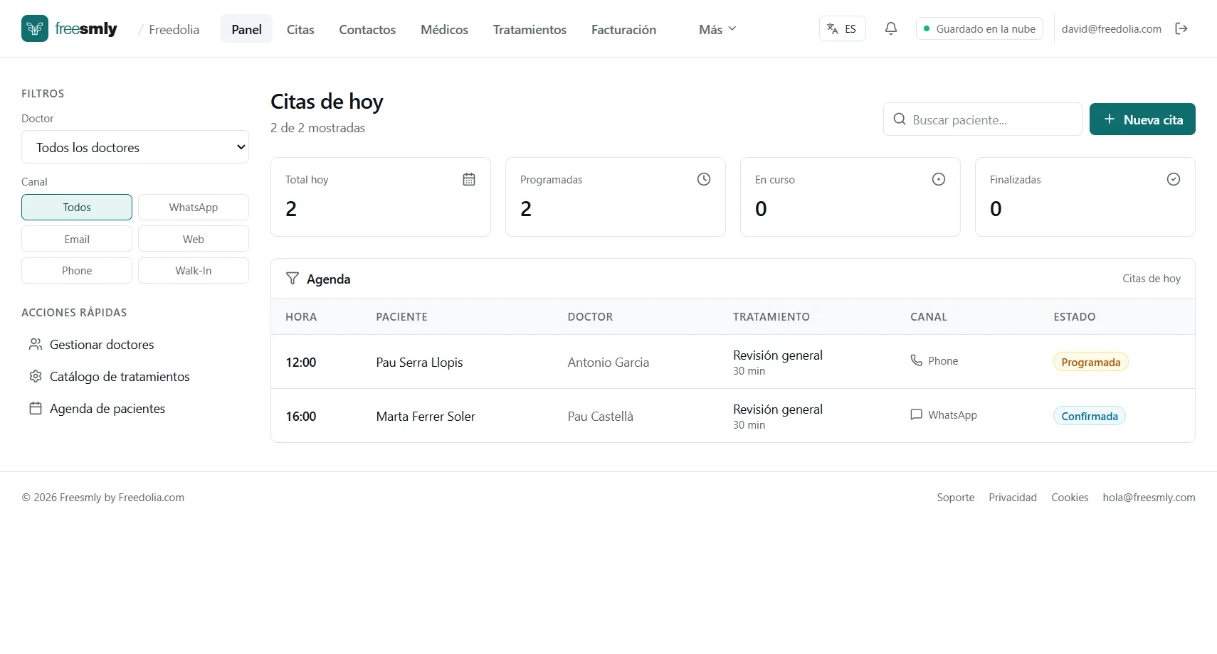 Panel y agenda del día en Freesmly